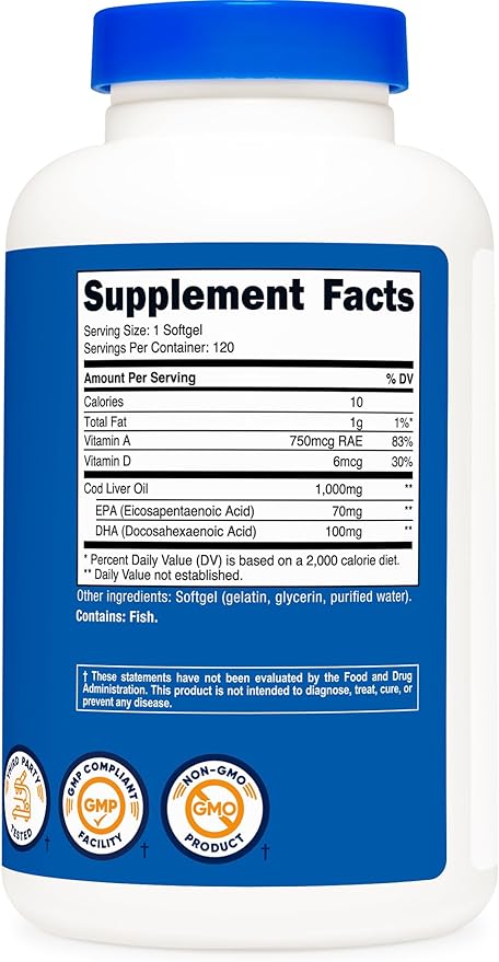 Nutricost Cod Liver Oil 1000mg, 120 Softgels - Non-GMO & Gluten Free