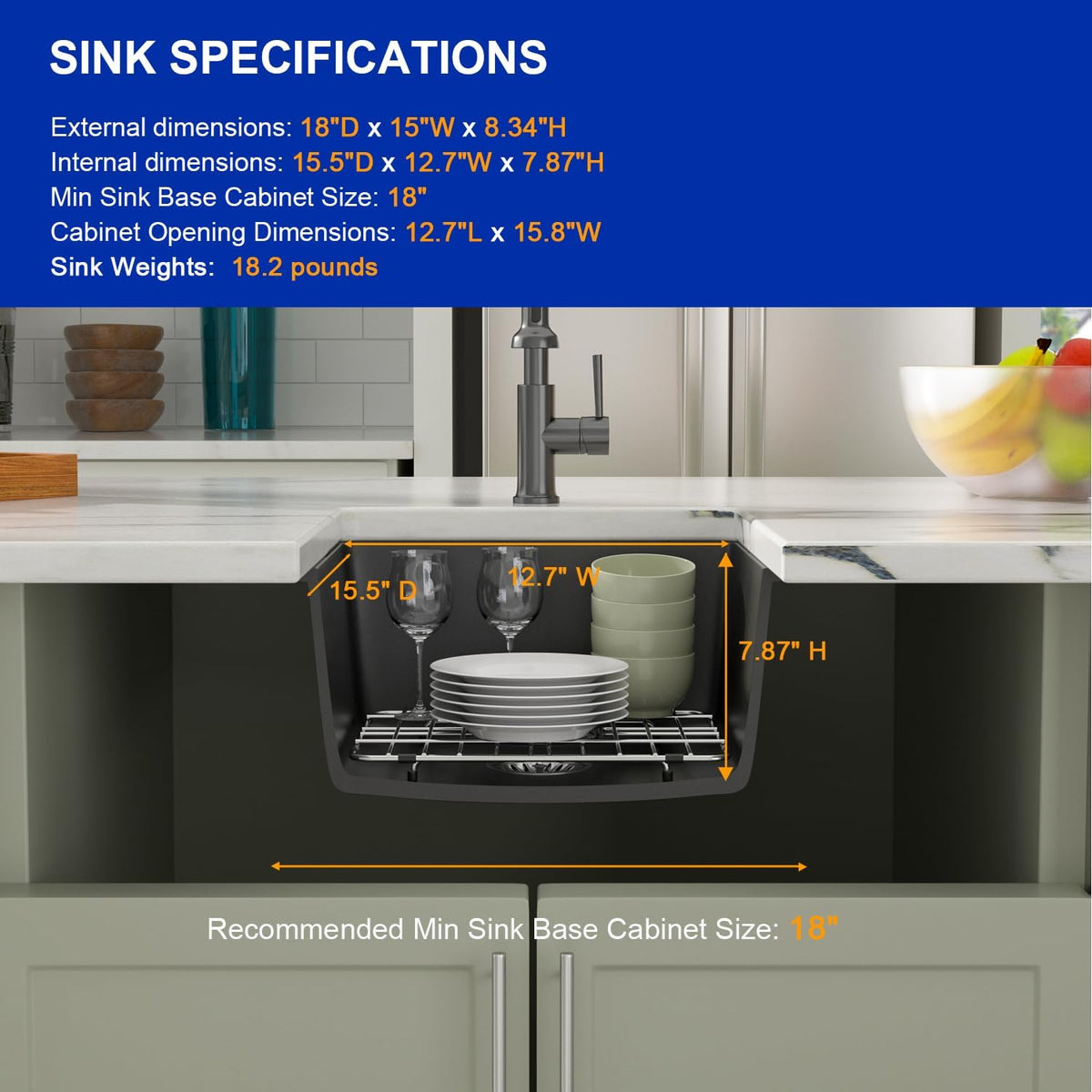 Dcolora 15 Inch Granite Composite Black Bar Sink Undermount Small Kitchen Sink Quartz Prep RV Single Bowl Under Counter Basin DC-GU7745