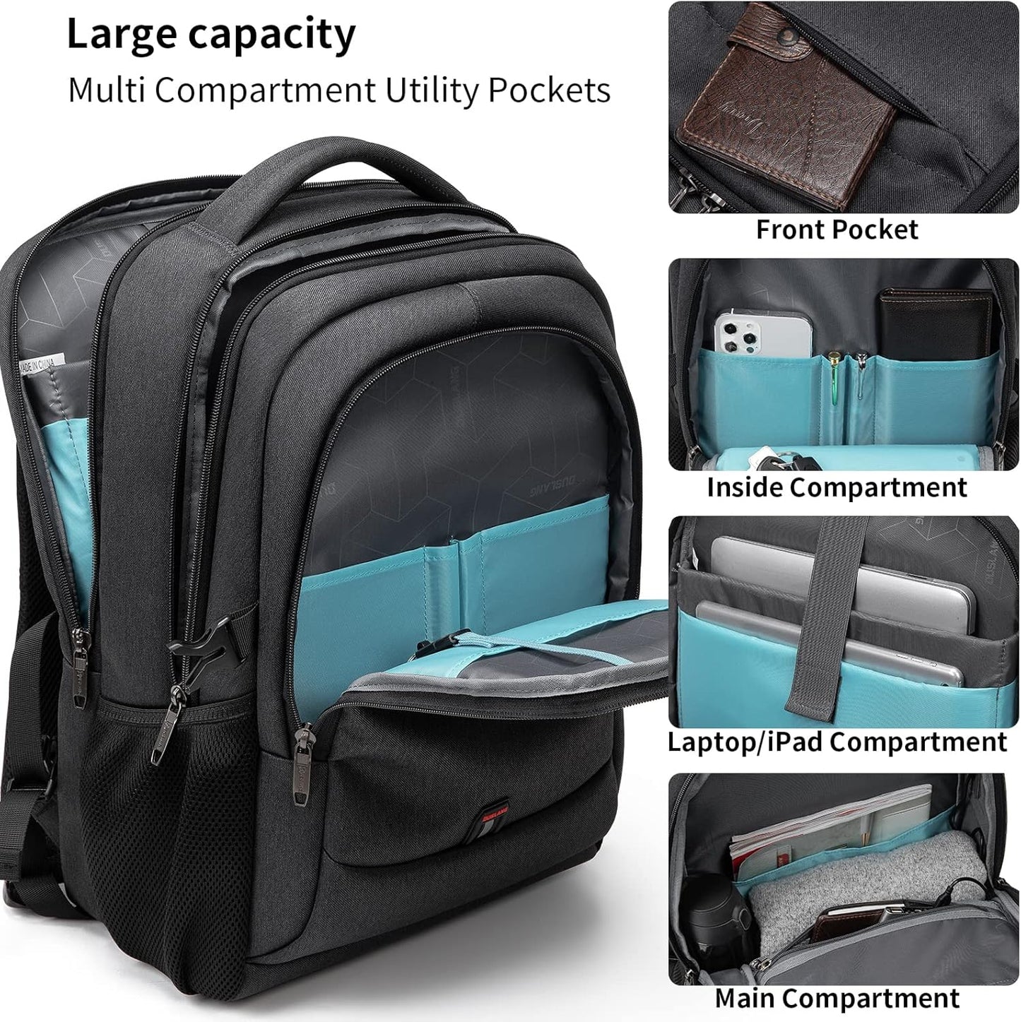 DUSLANG 17 Inch Laptop Backpack for Travel Water Resistant College Backpack for Men/Women Laptop Bag with USB Charging Port and clear Cosmetic Toiletry Bag, Black