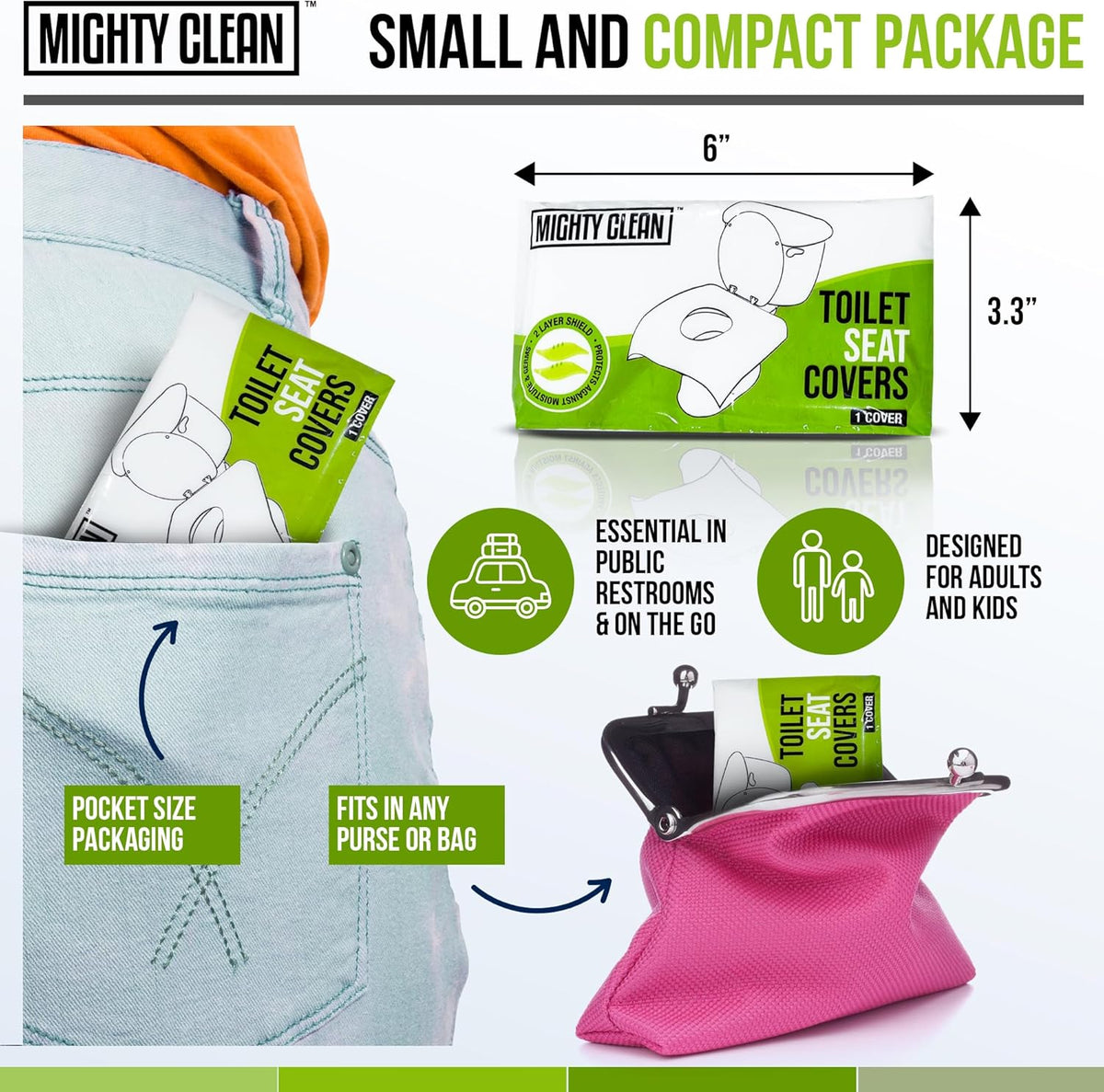 XL Disposable Toilet Seat Covers by Mighty Clean|100% Waterproof |Individually Wrapped, Extra Wide Covers for Adults and Kids|40 Count