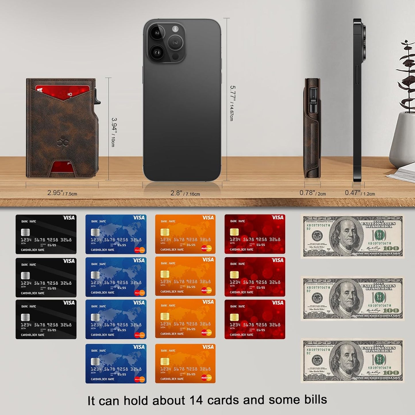 Wallet for Men Wallet with Slim Pop Up Card Holder 9-13 Cards, Bifold Minimalist Smart Wallet RFID Blocking Credit Card Holder with ID Window & Stretchable Cash Slot Compact Metal Aluminum Card Case