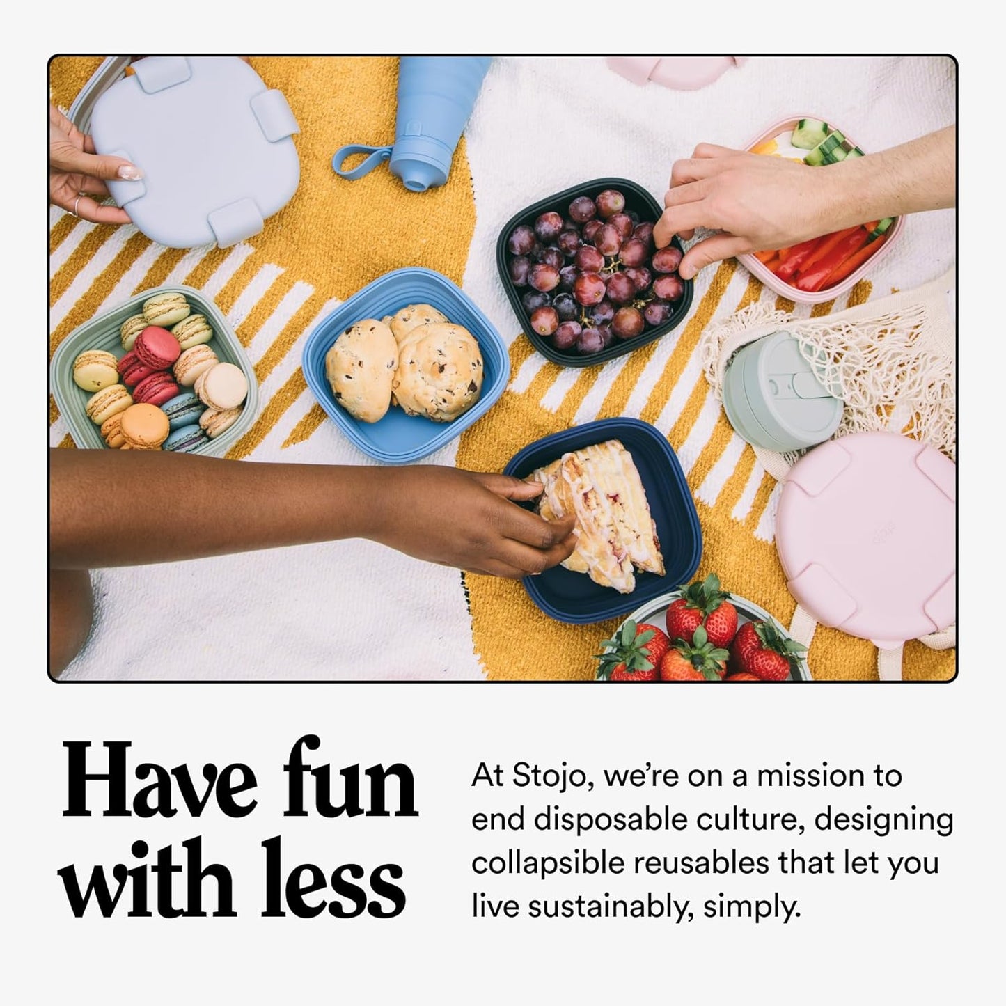 STOJO Collapsible Sandwich Box – 24oz, Reusable Food Storage Container, Silicone Bowl for Hot/Cold Food – Meal Prep, Lunch, Camping, Hiking – Dishwasher Safe (Set of 3, Translucent Denim)