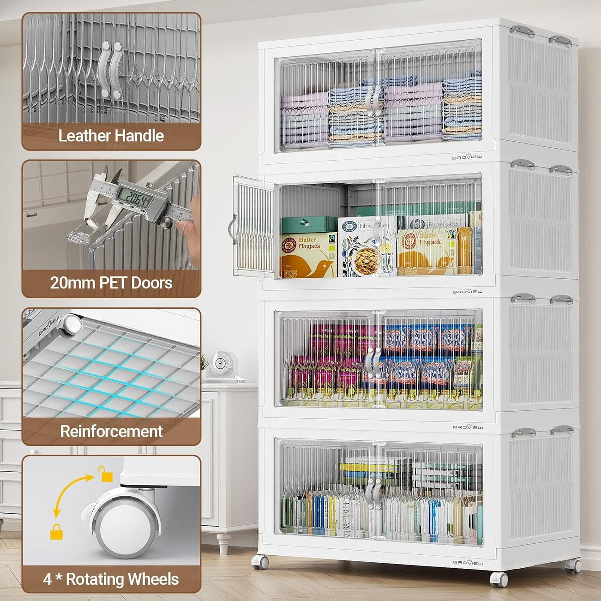BROVIEW 600Qt Extra Large Stackable Storage Bins with Lid, Closet Organizer Collapsible Drawer Boxes with Wheels, Folding Plastic Cabinet Containers for Home Kitchen Room Organization, 3Pack White