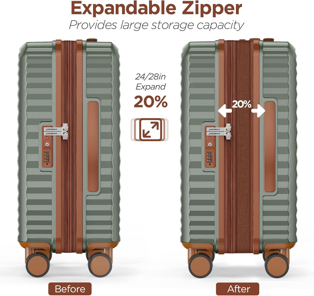 SHOWKOO Luggage Sets 3 Piece Hardside Expandable Suitcase with Double Spinner Wheels Tsa Lock Green (20in/24in/28in)