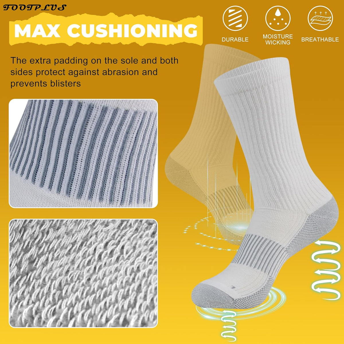 FOOTPLUS Hiking Copper Compression Socks,Unisex Cushioned Sole Arch Support Athletic Crew Running Socks