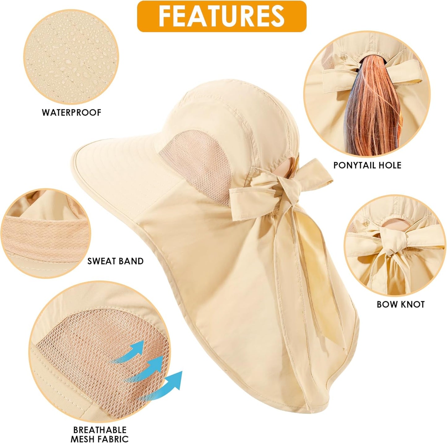 Womens Sun Hat UV Protection, Foldable Waterproof Wide Brim Bucket Hats with Neck Flap for Summer Beach Fishing Hiking