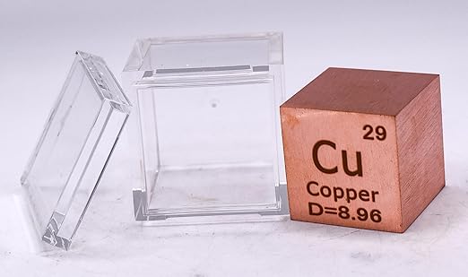 1" 25.4mm Copper Metal Cube Cu up to 99.9% Pure Periodic Table Element Engraved Density Collection Science Education Display Block Cube + Acrylic Case Box - 1PC