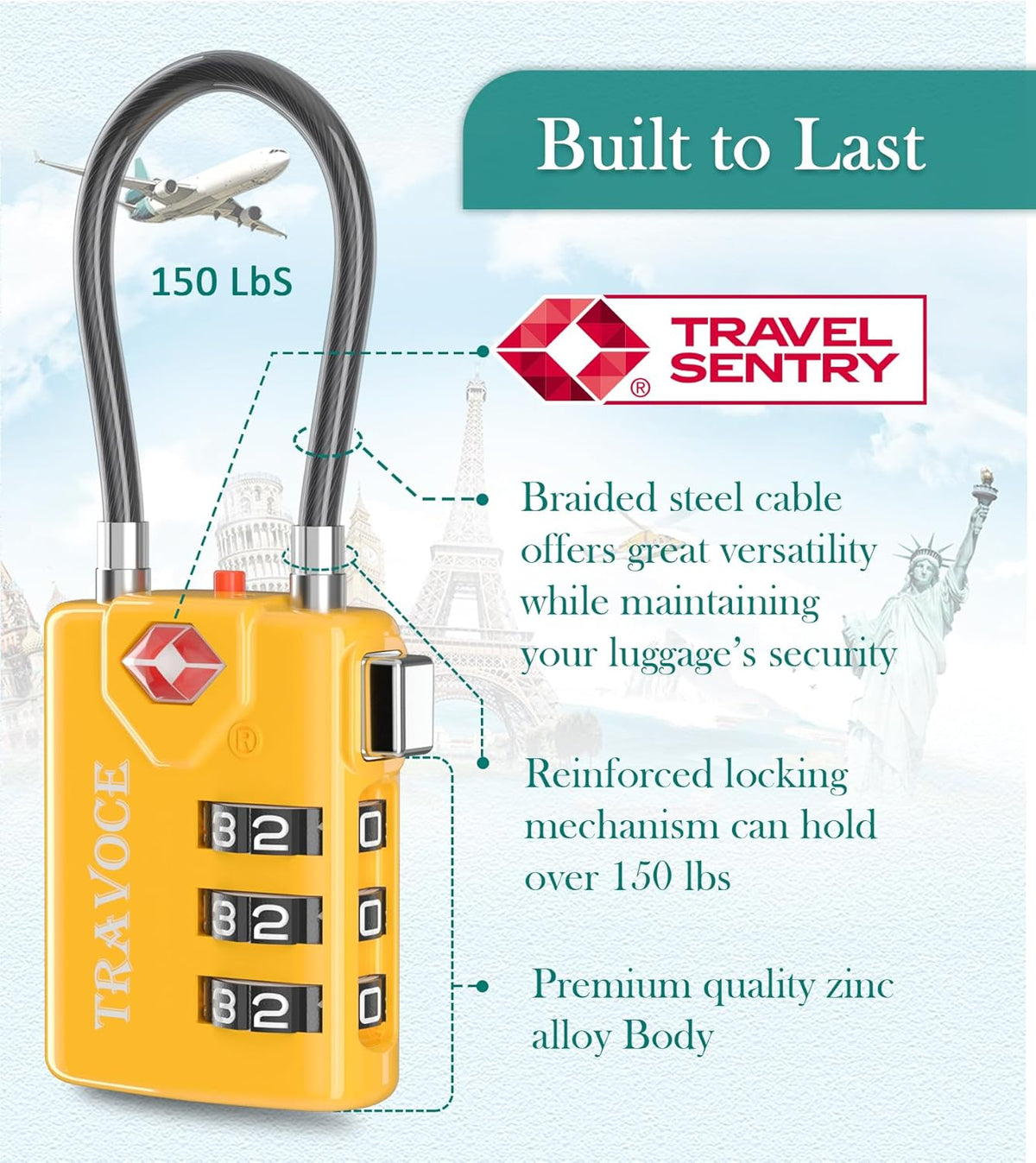 Search Alert TSA Approved Travel Combination Luggage Cable Locks for Suitcase, Gym Locker,Toolbox,Backpack 1,2,4,6 &10 pk (Yellow 2 Pack)