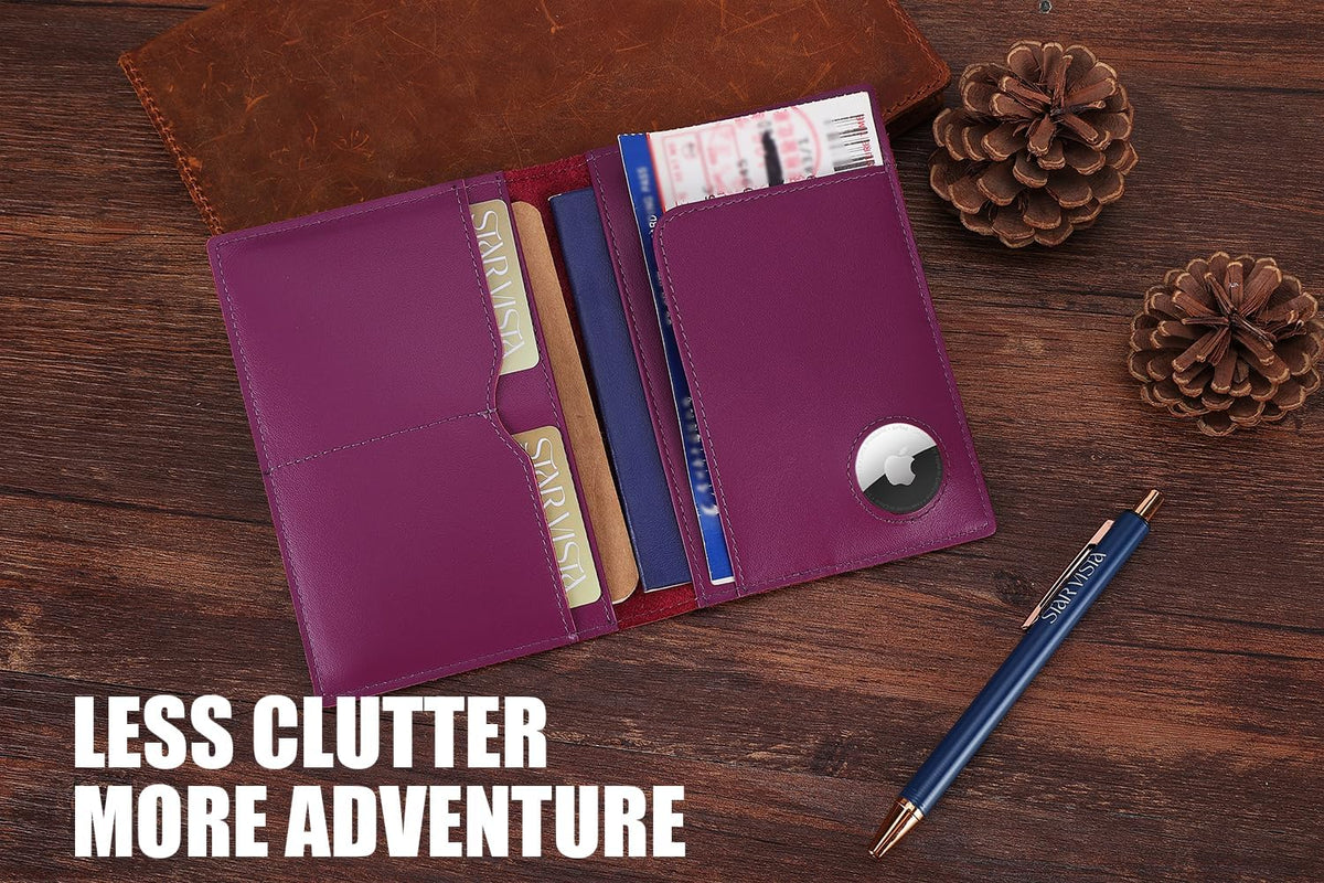 STAR VISTA Albatross Leather Travel Passport Holder, Minimalist Design, Calfskin Leather Case for Women and Men - Slim Passport Wallet, Bifold, RFID Blocking, with AirTag Holder, Violet