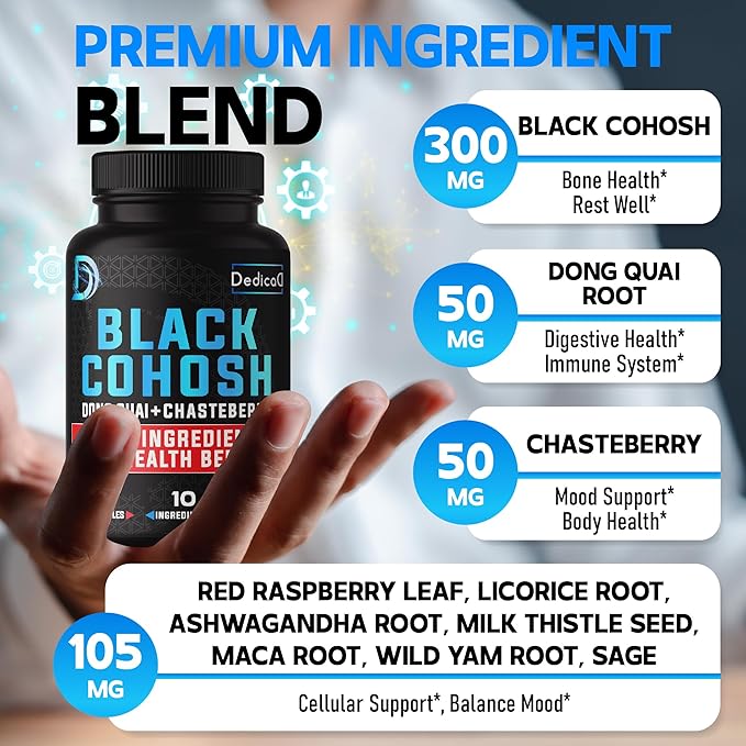 12in1 Black Cohosh 5-Month Supply for Menopause Support Supplement with Dong Quai, Chasteberry, Red Raspberry, Licorice, Wild Yam & More - 150 Capsules