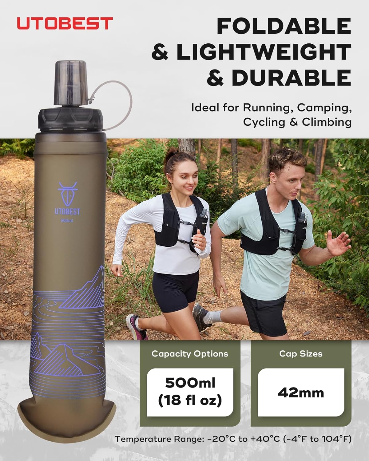 UTOBEST 500ml Soft Flask, 2 Pack Flexible TPU Hydration Water Bottle, Collapsible with 42mm Caliber for Running, Hiking, Cycling, Climbing, and Marathon Purple