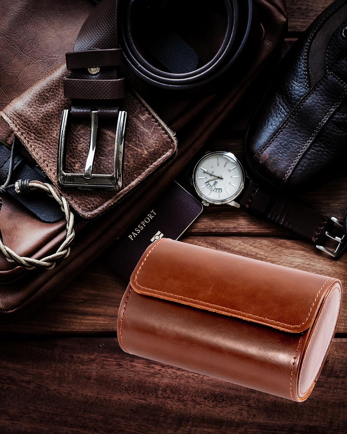 MR.OKAY 2 Watch Travel Case-Classic Leather Watch Case With Superb Texture.Portable Watch Roll Or Organizer For Storage And Display. Travel Gift for Men, All Handmade By Leather Craftsmen.