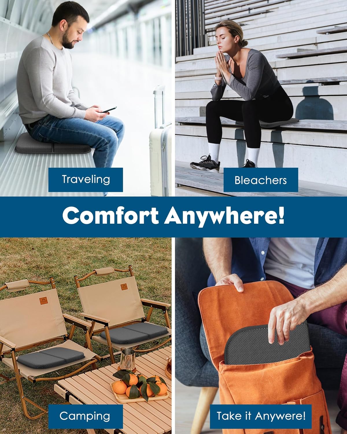 Gel Travel Seat Cushion, Portable Airplane Seat Cushion, 14.5" x 10.5" Thick & Foldable for Airplane Seats, Office Chair, Camping, Bleachers, Flights, Commute (Dark Grey)