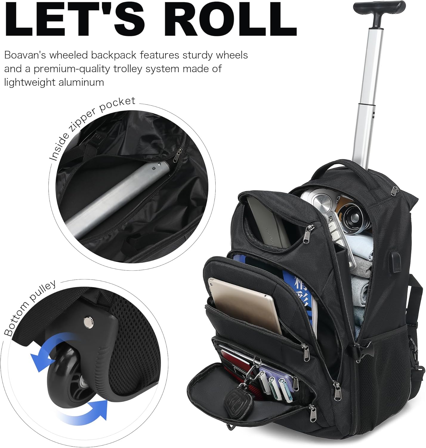 Boavan Rolling Backpack,17 inch Water Resistant Wheeled Backpack,Carry on Luggage Business Bag, Overnight College Computer Trolley Suitcase for Men Women Adults to Travel,Black