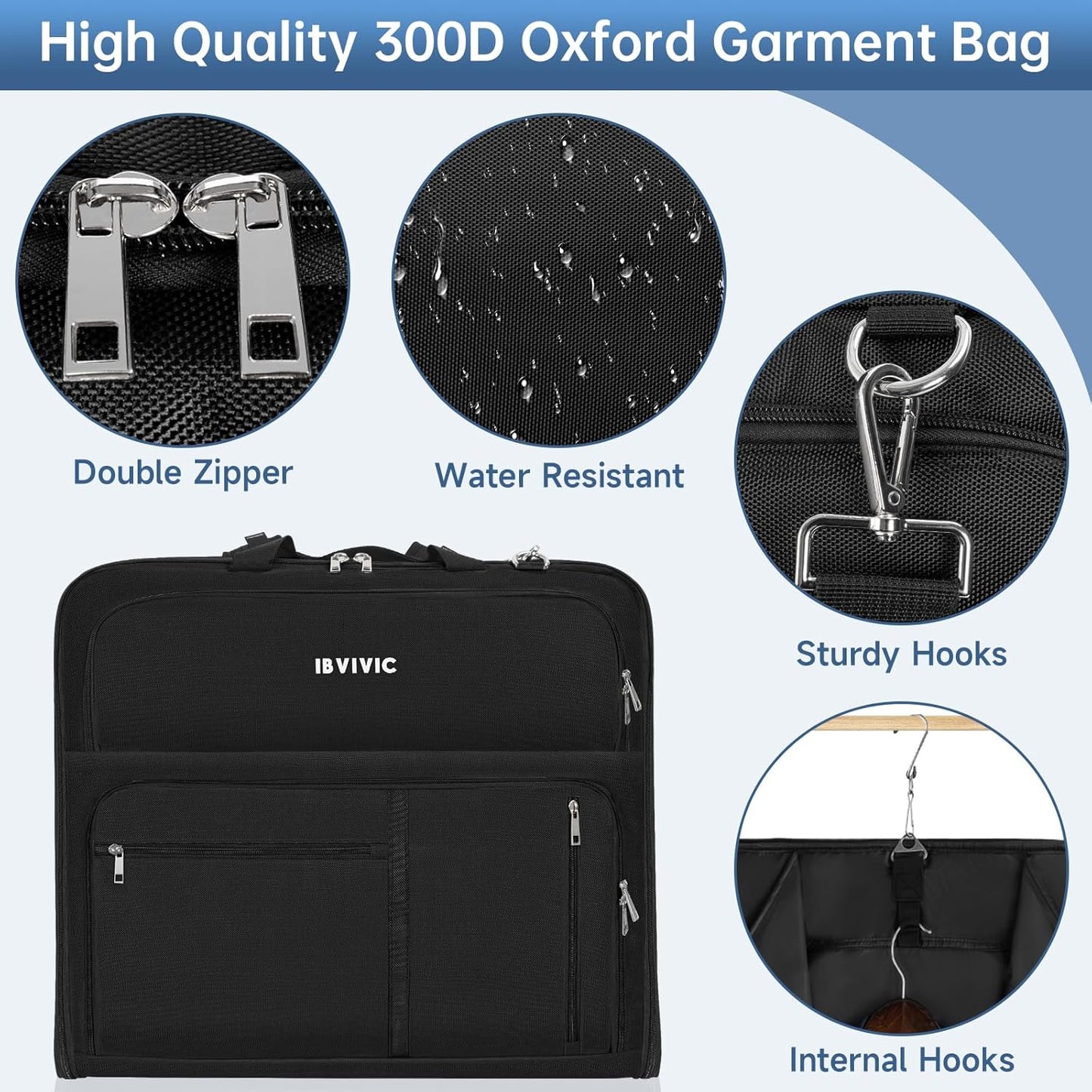 Garment Bags for Travel, 41'' Water-Resistant Carry On Garment Bag for Hanging Clothes, Large Suit Travel Bag Convertible Travel Garment Bag for Shirts, Dresses, Coats (Black)