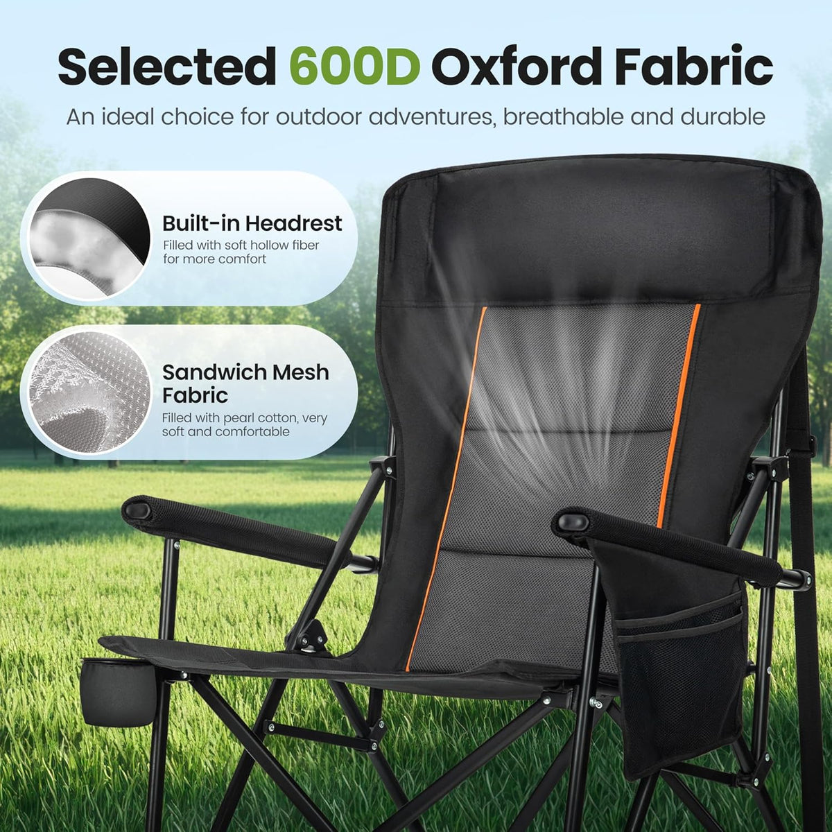 HIGH POINT SPORTS Oversized Folding Camping Chairs for Adults, High Backrest Heavy Duty Lawn Chairs Support 500 LBS Portable Collapsible Camp Chairs with Cup Holders,Side Pocket, Black