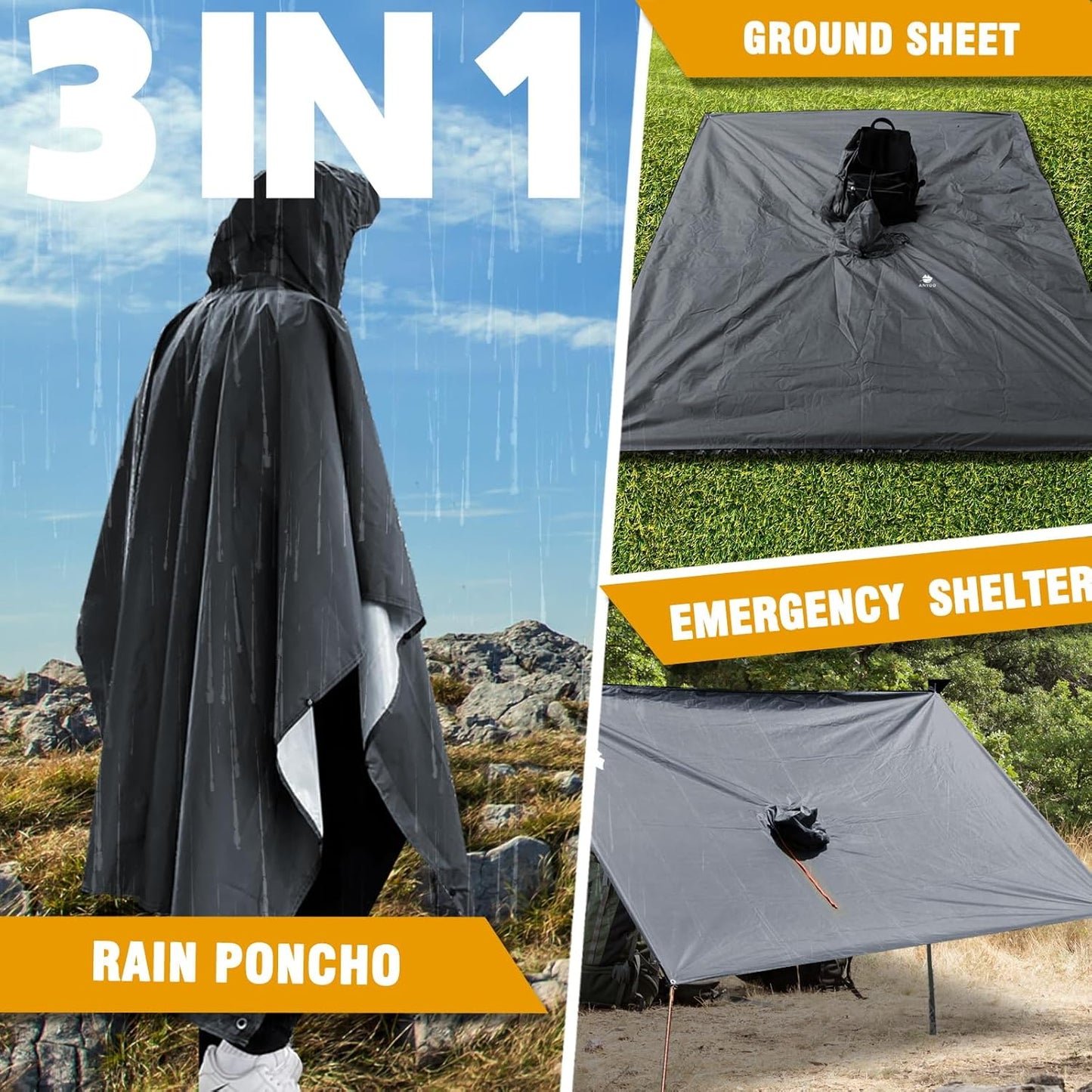 ANYOO Hooded Rain Poncho for Adults Waterproof Lightweight Rain Coat for Men Women Reusable Rain Jacket for Emergency Outdoor