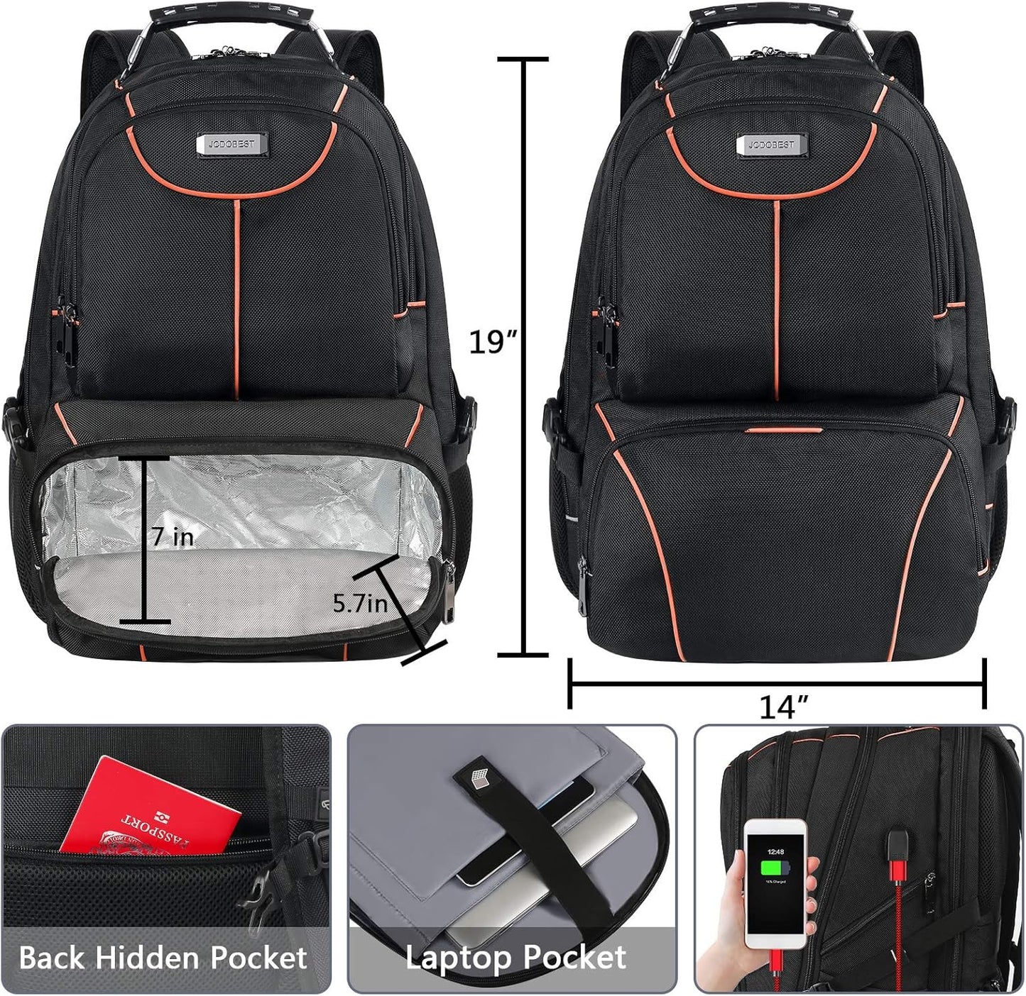 VECKUSON Lunch Bag Backpack, Insulated Cooler Lunch Box, Extra Large 17.3 inch Laptop Backpack with USB Port for Women and Men, Orange
