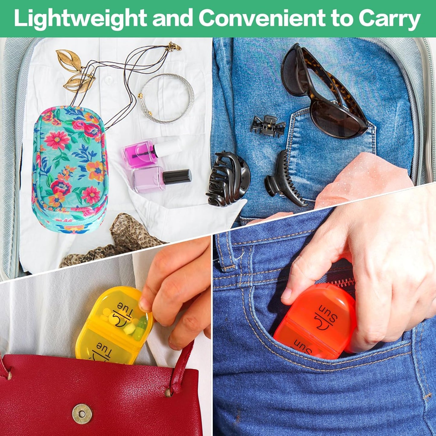 Serfeymi Weekly Travel Pill Organizer 2 Times A Day AM PM Upgraded Rainbow Pill Box 7 Day with Portable Zipper Canvas Pill Case, Medicine Organizer for Pills, Vitamins, Fish Oils - Green 01