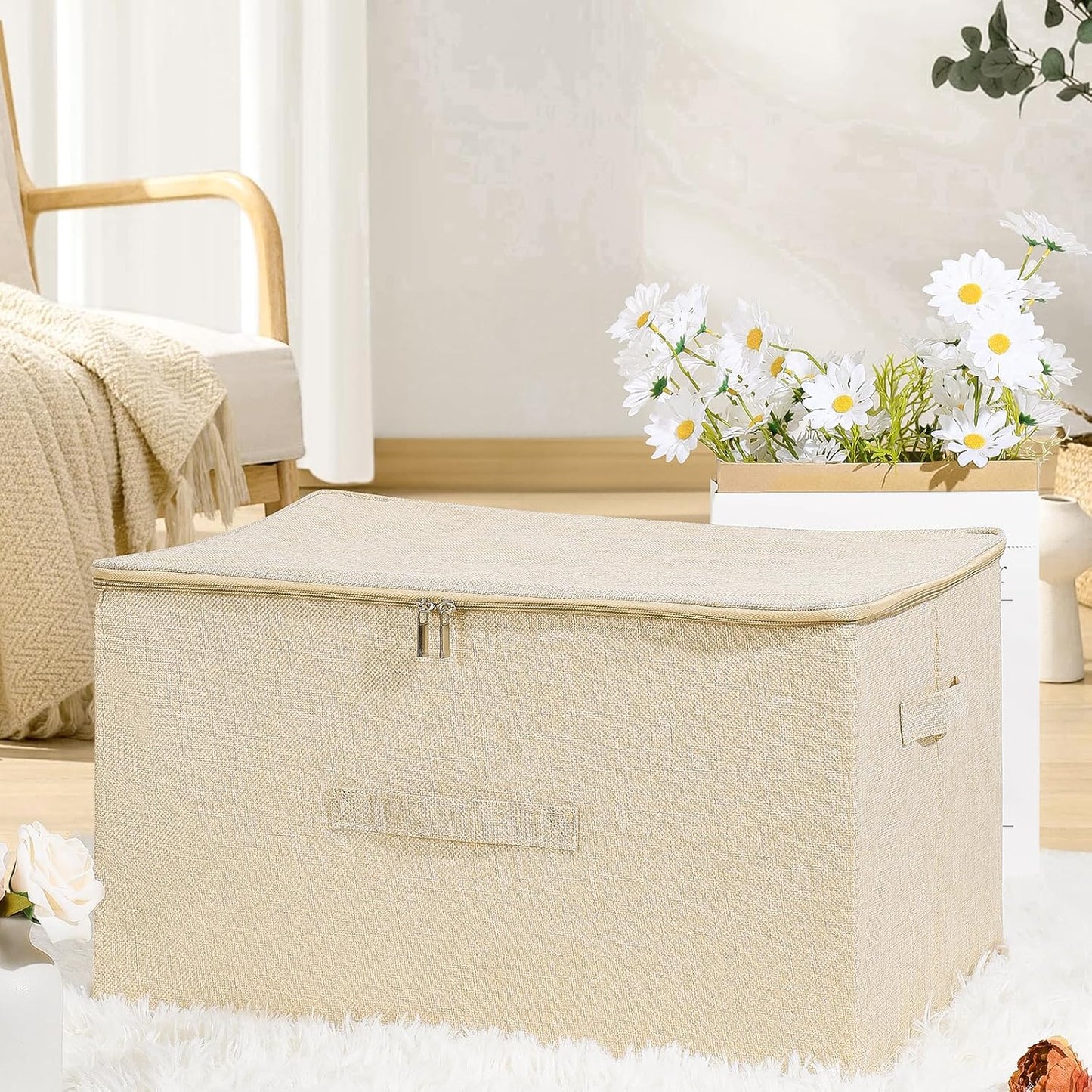 ANMINY Storage Bins with Zipper Lids 36 Qt Lidded Fabric Storage Boxes Baskets Cubes with Handles Collapsible Washable Cotton Linen Closet Shelf Clothes Organizer Containers - Beige, Large