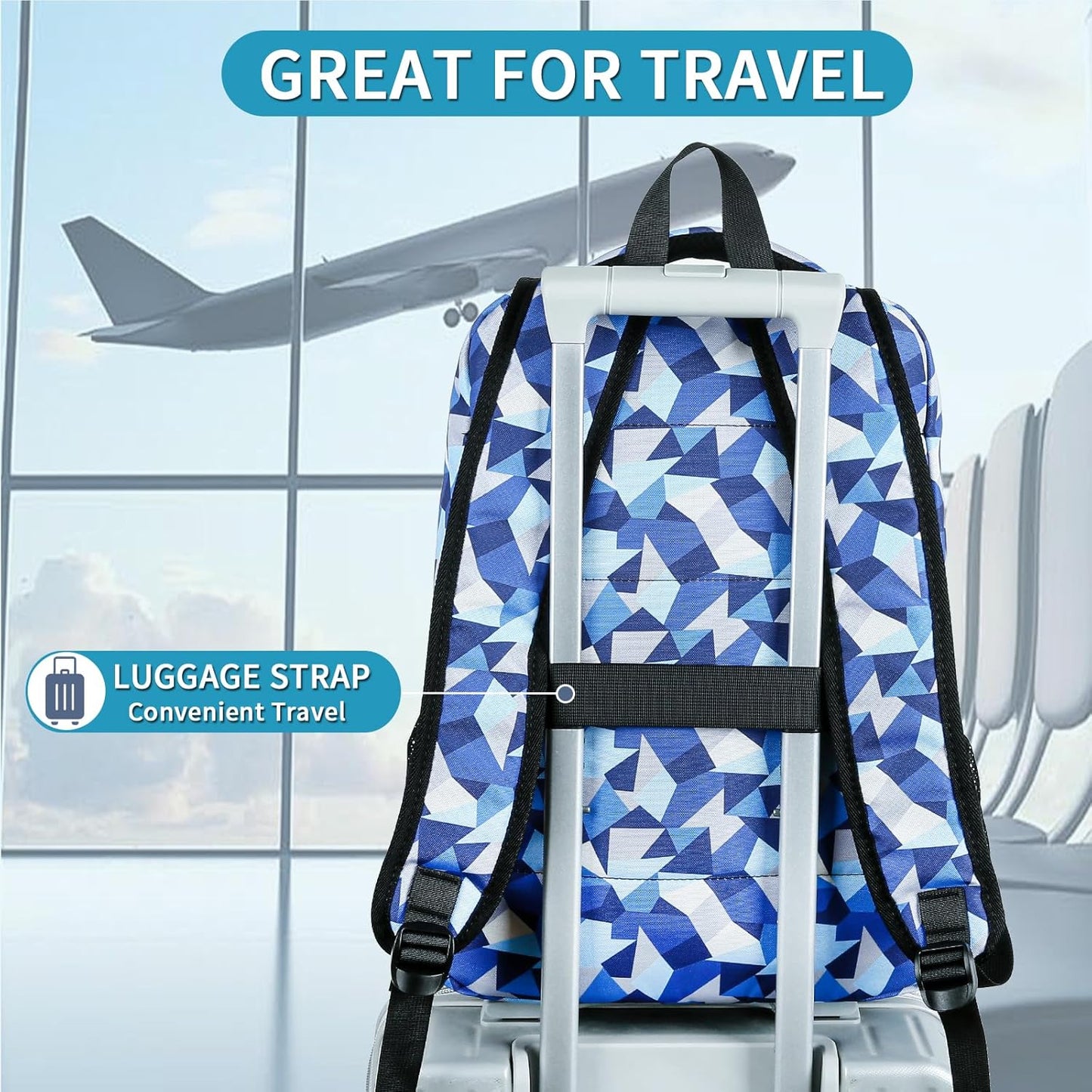Della Gao College Laptop Backpack with Pencil Case, Digital Check Pattern Travel Backpack for Men, Waterproof Computer Back Pack for Travel, Business, Work, College (Blue-RH, 15.6 Inch)