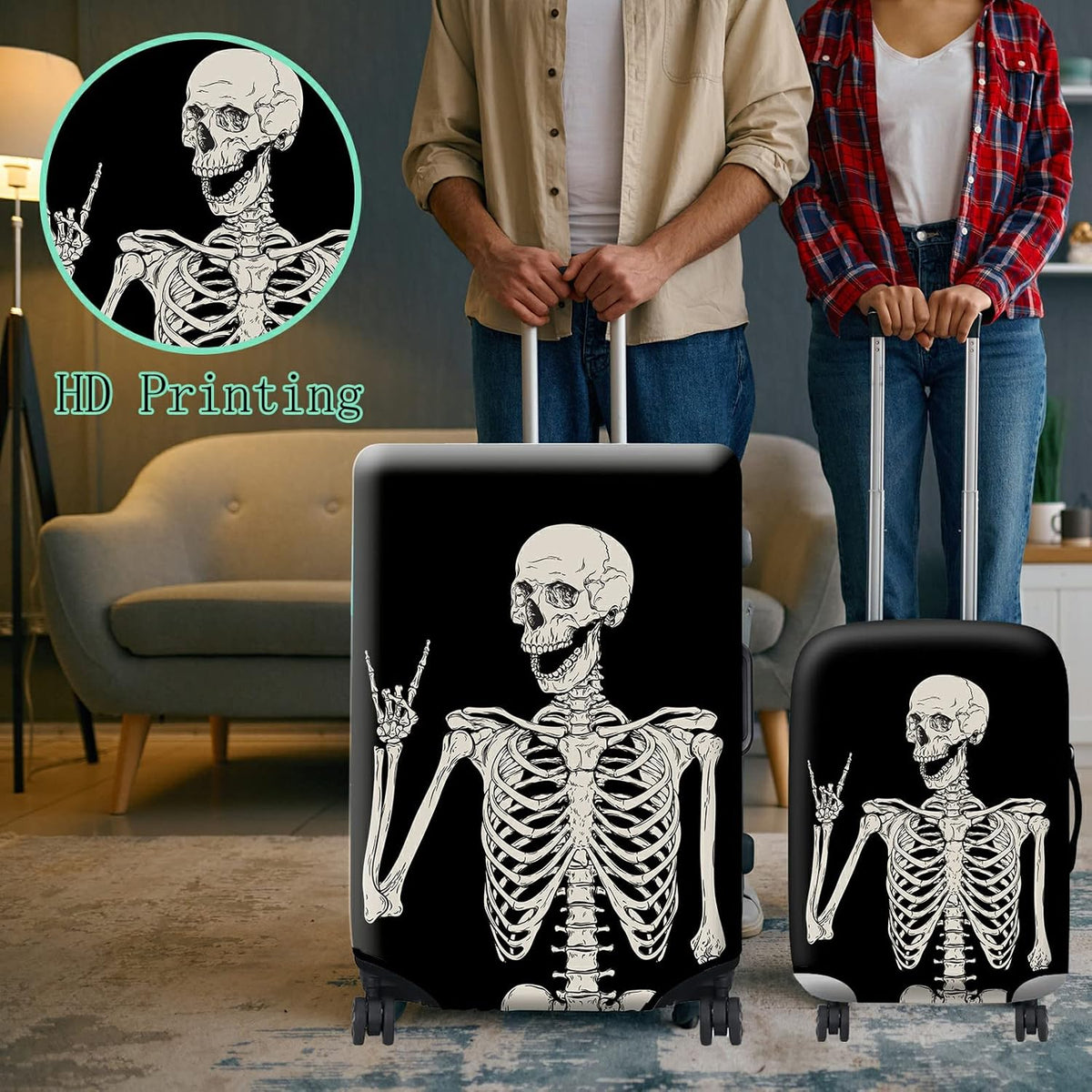 Luggage Cover Plus - Suitcase Protector with Rock Skull Travel Design, XL Size (29-30 Inch), Dustproof, Anti-Scratch, Washable Elastic Cloth, Concealed Zipper, Includes Luggage Tag