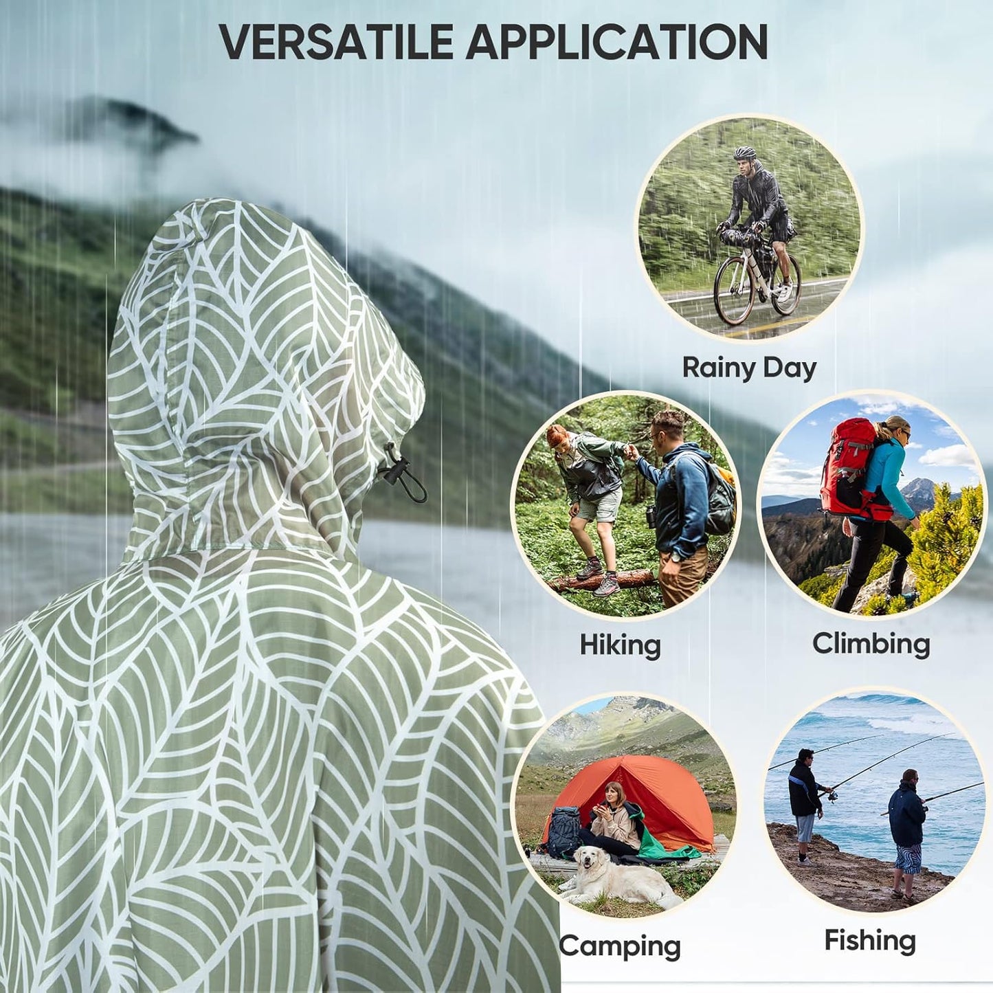 PTEROMY Hooded Rain Poncho for Adult with Pocket, Waterproof Lightweight Unisex Raincoat for Hiking Camping Emergency