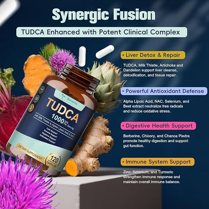15-in-1 TUDCA Liver Support Supplement 1000mg with Milk Thistle, ALA, NAC, Ultra Strength TUDCA (Tauroursodeoxycholic Acid) Bile Salts, Liver and Gallbladder Cleanse & Repair, Vegan, 120 Cts