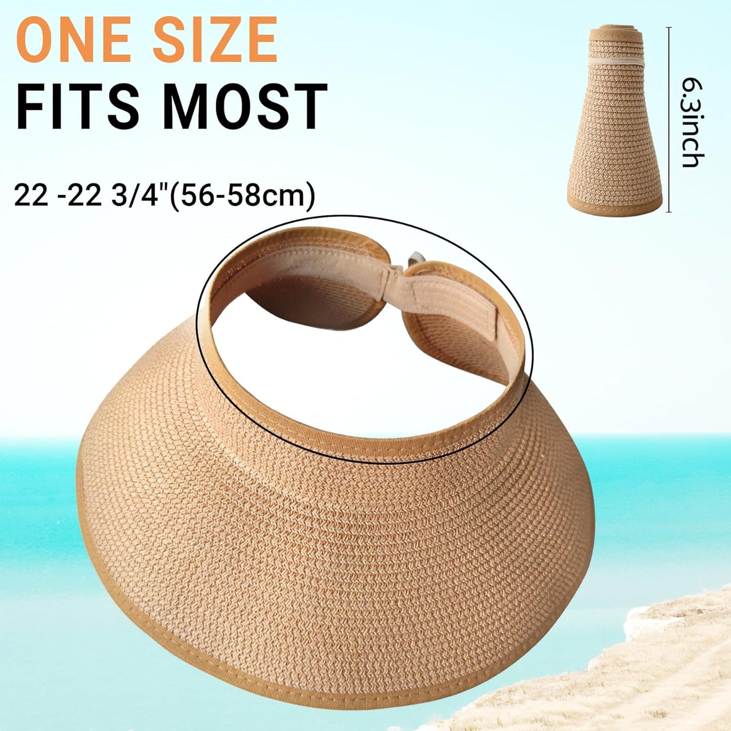 PFFY Sun Hats for Women Straw Beach Hat Packable Foldable Wide Brim Ponytail Travel Visor