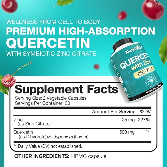 Nutrivein Zinc Quercetin Combined Supplement - Enhanced-Absorption Quercetin with Zinc for Respiratory, Cardio, Immune, & Full-Body Support - Maximum Bioavailability