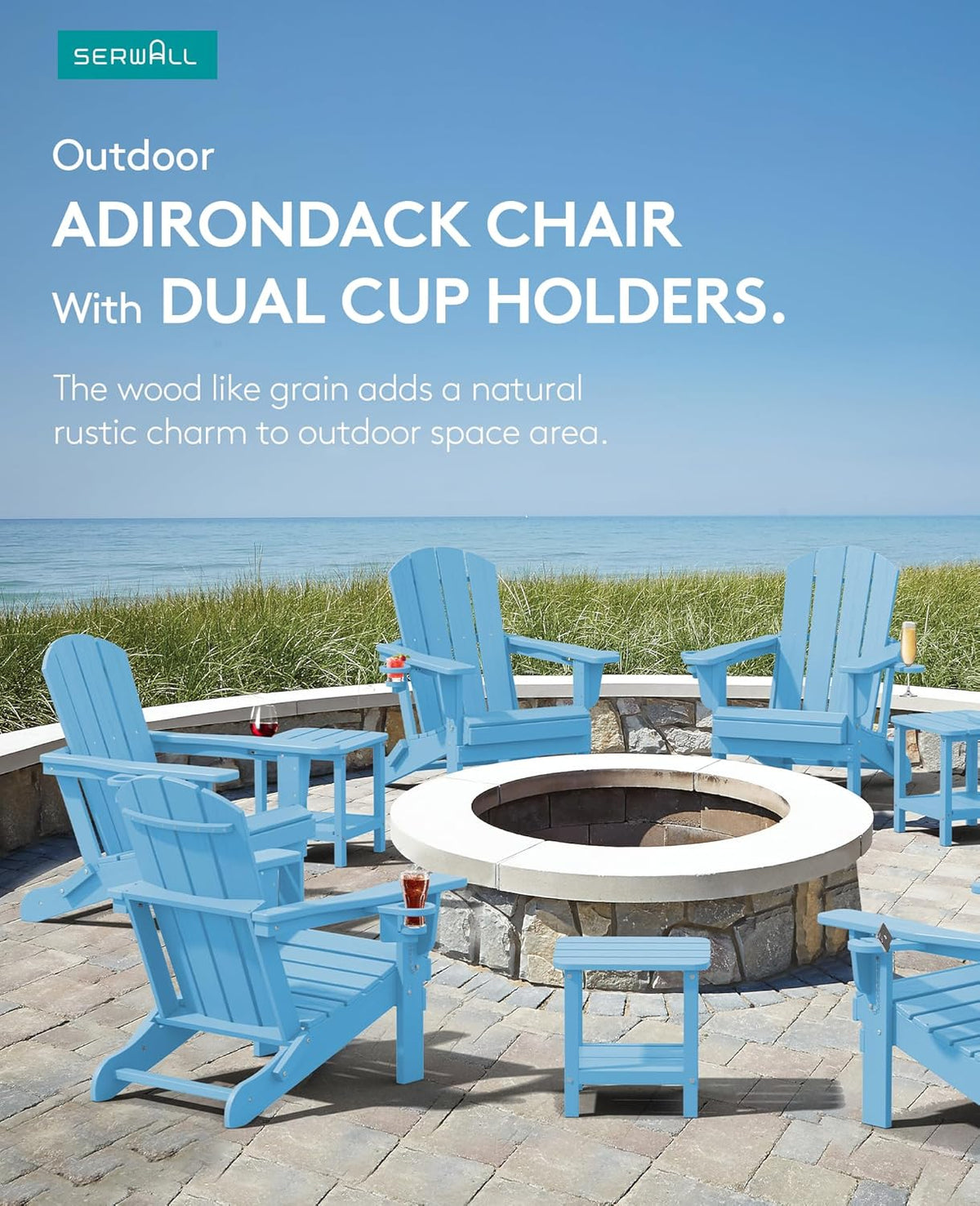 SERWALL Adirondack Chair with Cup Holders - Composite Adirondack Chairs HDPE Outdoor Chairs Set of 2 All Weather Use- Light Blue