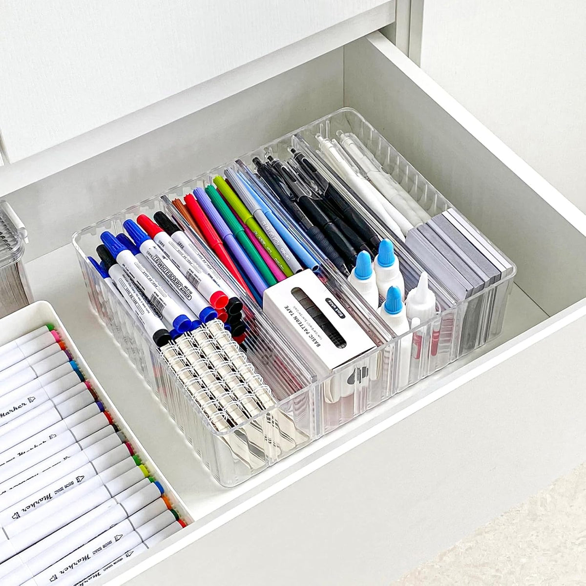 Yesesion Clear Cord Organizer Box for Desk Drawer, Plastic Cable Storage Container with Adjustable Compartments and Wire Ties for Phone Charger, Battery, Art Crafts, Electronics Accessories Case