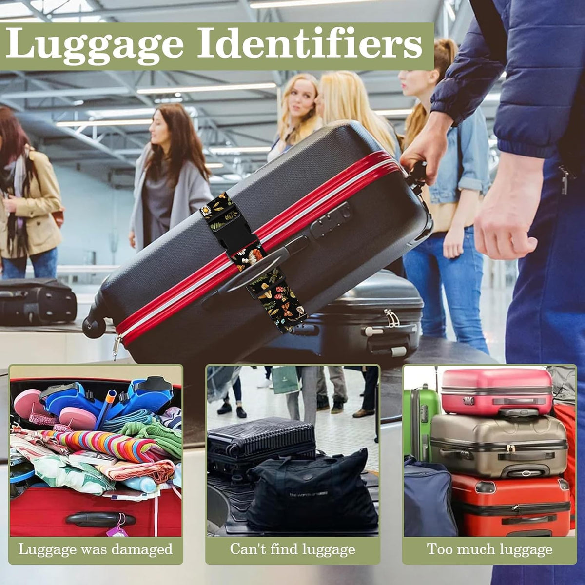 Mushroom Luggage Straps for Suitcases TSA Approved, Luggage Identifiers for Suitcase, Adjustable Suitcase Strap for Baggage Security with Cute Patten, Travel Necessary Accessories (2Pack)