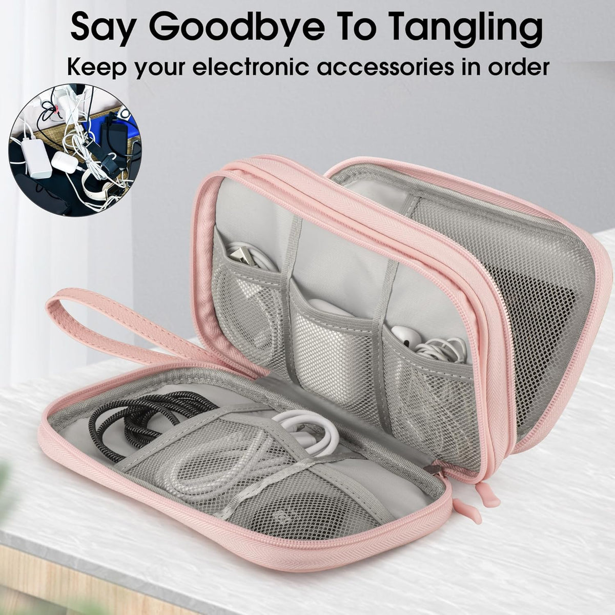 Leather Travel Electronic Organizer - Double Layer, Waterproof Case for Cables, Chargers, Phones & More - Portable, Shockproof Pouch for All Your Electronics Accessories (Light Pink, M)