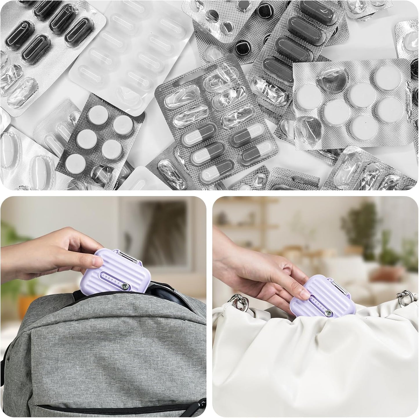 Travel Pill Organizer Box with Labels, 7 Compartments Portable Mini Pill Case, Daily Medication Organizer Storage Pill Container for Pocket Pharmacy(Purple, S)