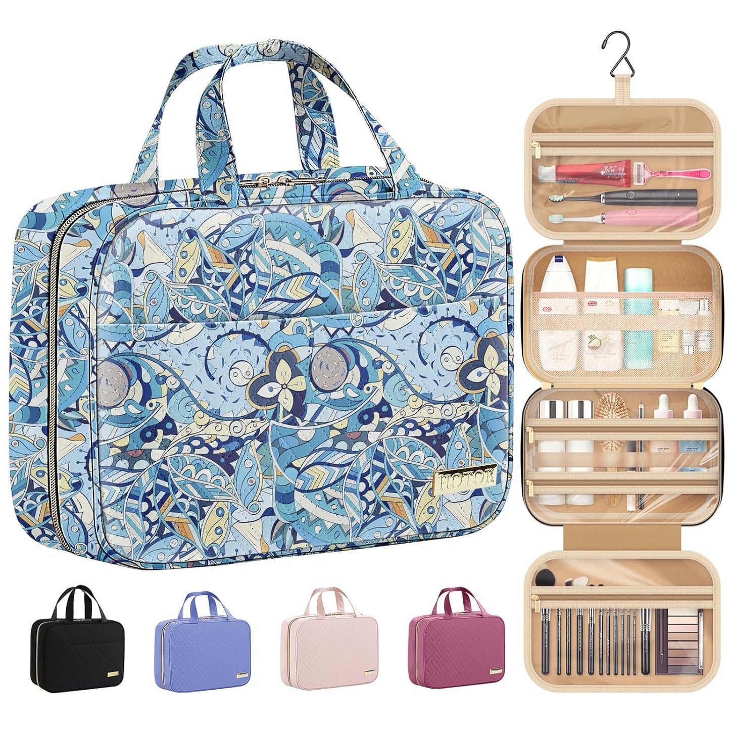 HOTOR Travel Toiletry Bag w/Hanging Hook - Spacious Toiletry Bag Essentials for Women & Men, Makeup Bag/Big Comparment, Waterproof for Travel Accessories, Medium, Blue Flower