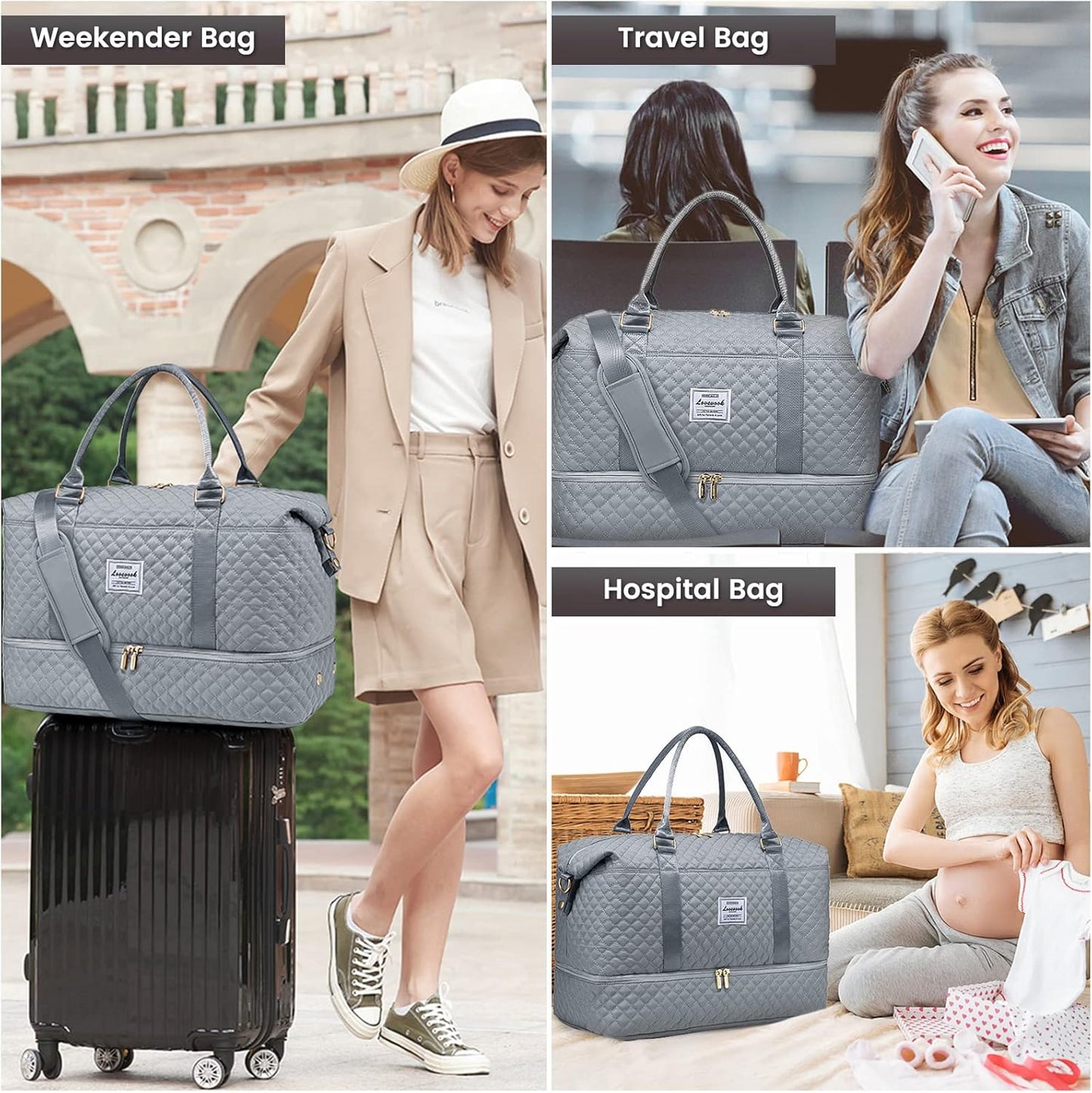 LOVEVOOK Travel Duffle Bag,Weekender Bags for Women with Shoe Compartment,Carry on Overnight Bag with Toiletry Bag,Gym Duffel Bag with Wet Pocket, Hospital Bags for Labor and Delivery
