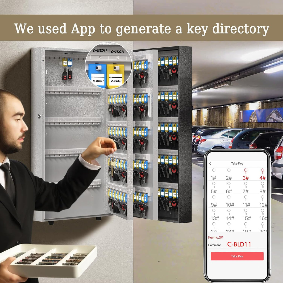 WeHere 360 Lock Box Wall Mount, APP Bluetooth/OTP/Wi-Fi/Fixed Code/Key Unlock, Smart Cabinet With Tag, Organizer Holder, Management Directory for Office, Valet, Realtor, Hotel