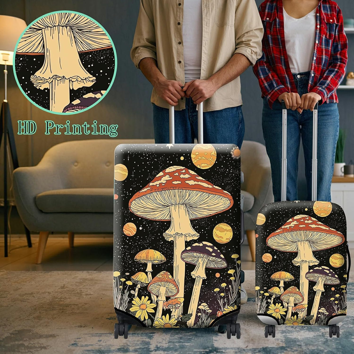 Luggage Cover + Tag, Mushrooms Travel Suitcase Protector for 18-20 inch Luggage (S) with Concealed Zipper, Washable Elastic Cloth, Dustproof, Anti-Scratch