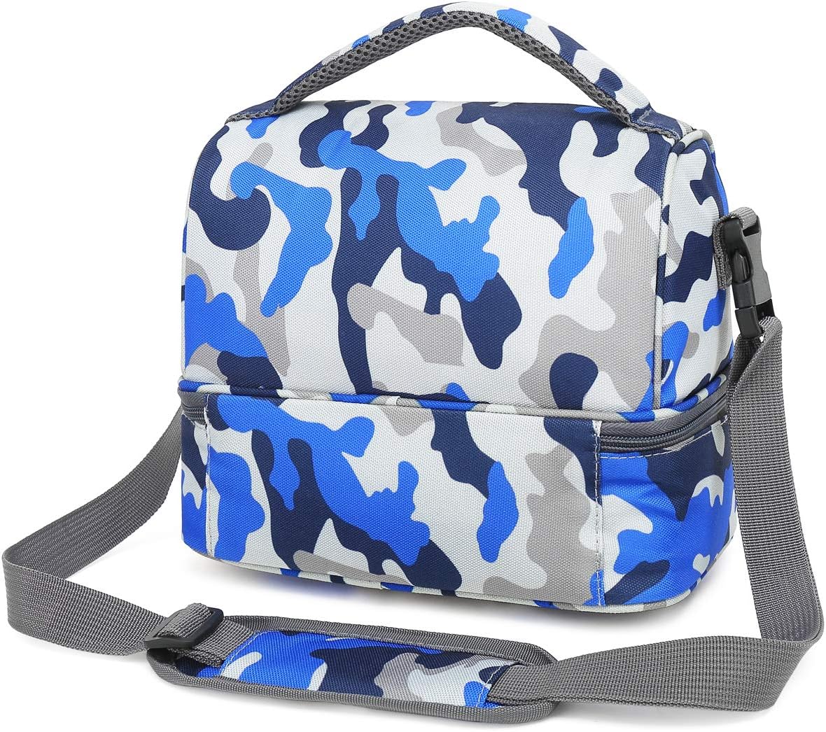 FlowFly Kids Double Decker Cooler Insulated Lunch Bag Large Tote for Boys, Girls, Men, Women, With Adjustable Strap, Blue Camo