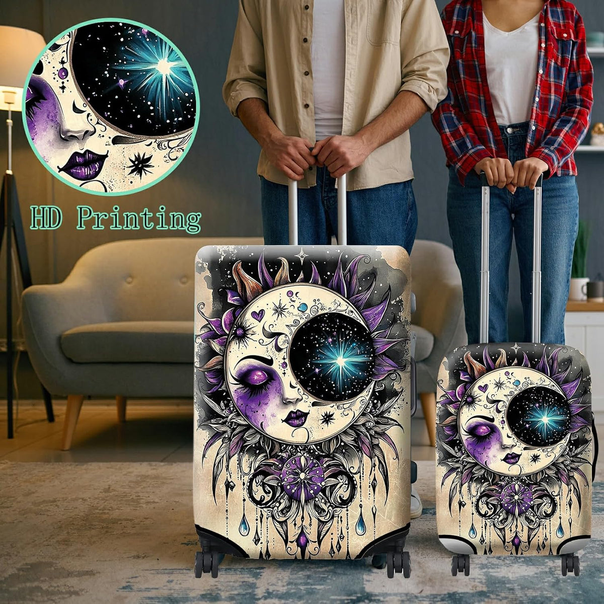 Luggage Cover Suitcase Protector Plus 1 Luggage Tag, Gothic Moon Face Travel Suitcase Cover for 18-20 inch Luggage (S) with Concealed Zipper Washable Elastic Cloth Dustproof Anti-Scratch