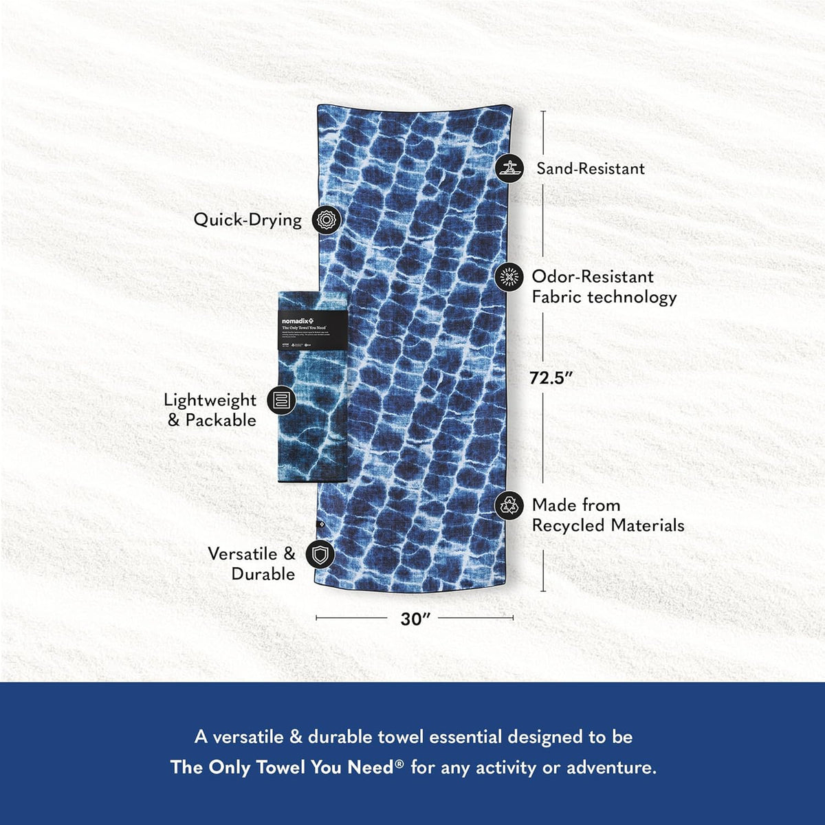 Nomadix Original Towel - Perfect for Beach, Pool, Travel, Camping, Yoga - Made with Recycled Materials - Super Absorbent - Sand Resistant- Aqua Blue - 72.5x30