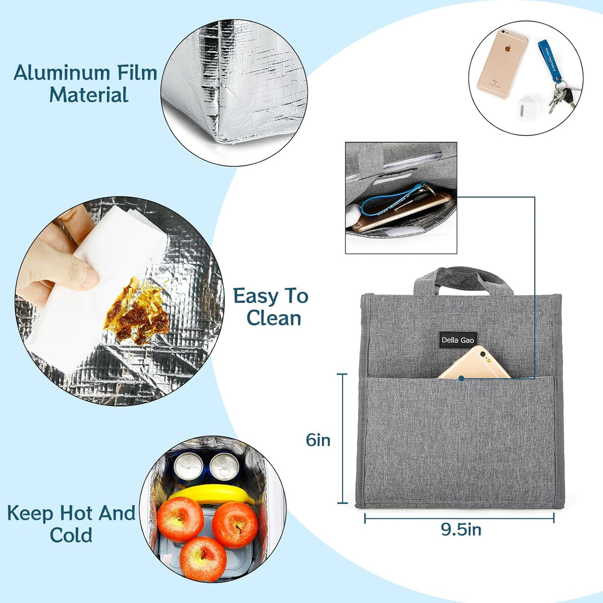 Della Gao Insulated Lunch Bag for Women Men, Waterproof Small Lunch Tote Lunch Box, Reusable Lunch Bags for Work, Party, Travel and Picnic (Gray)