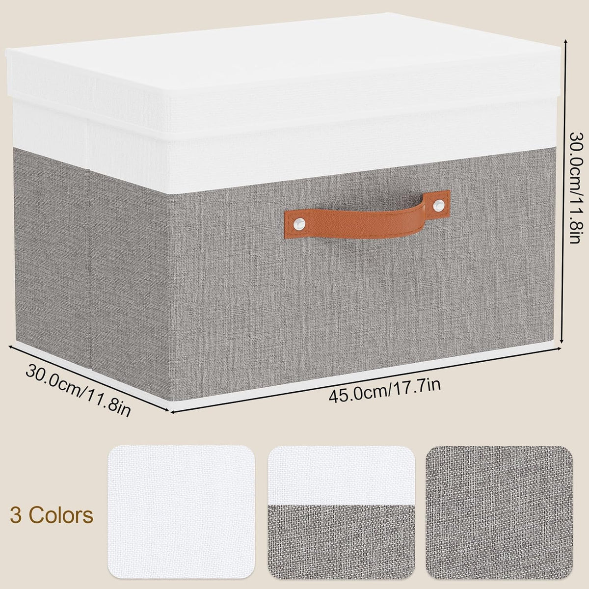 Fabric Storage Boxes with Lids, Linen Foldable Cloth Baskets, 17.7 x 11.8 x 11.8 Inch Closet Organizer Containers with Double Handles, Sweater Bins for Bedroom, White and Grey, 5 Pack