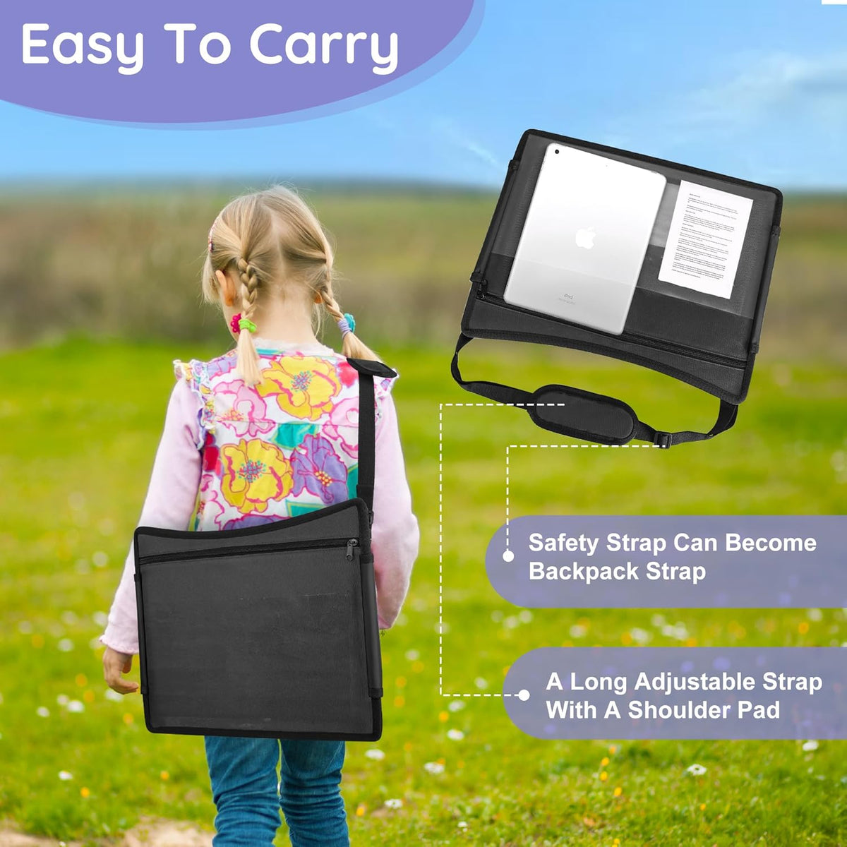 2Pcs Kids Travel Tray, Kids Travel Trays for Car Seat, Road Trip Essentials for Toddler, Carseat Lap Tray with Dry Erase Board & Storage Organizer for Road Trip Activities for Kid, Black