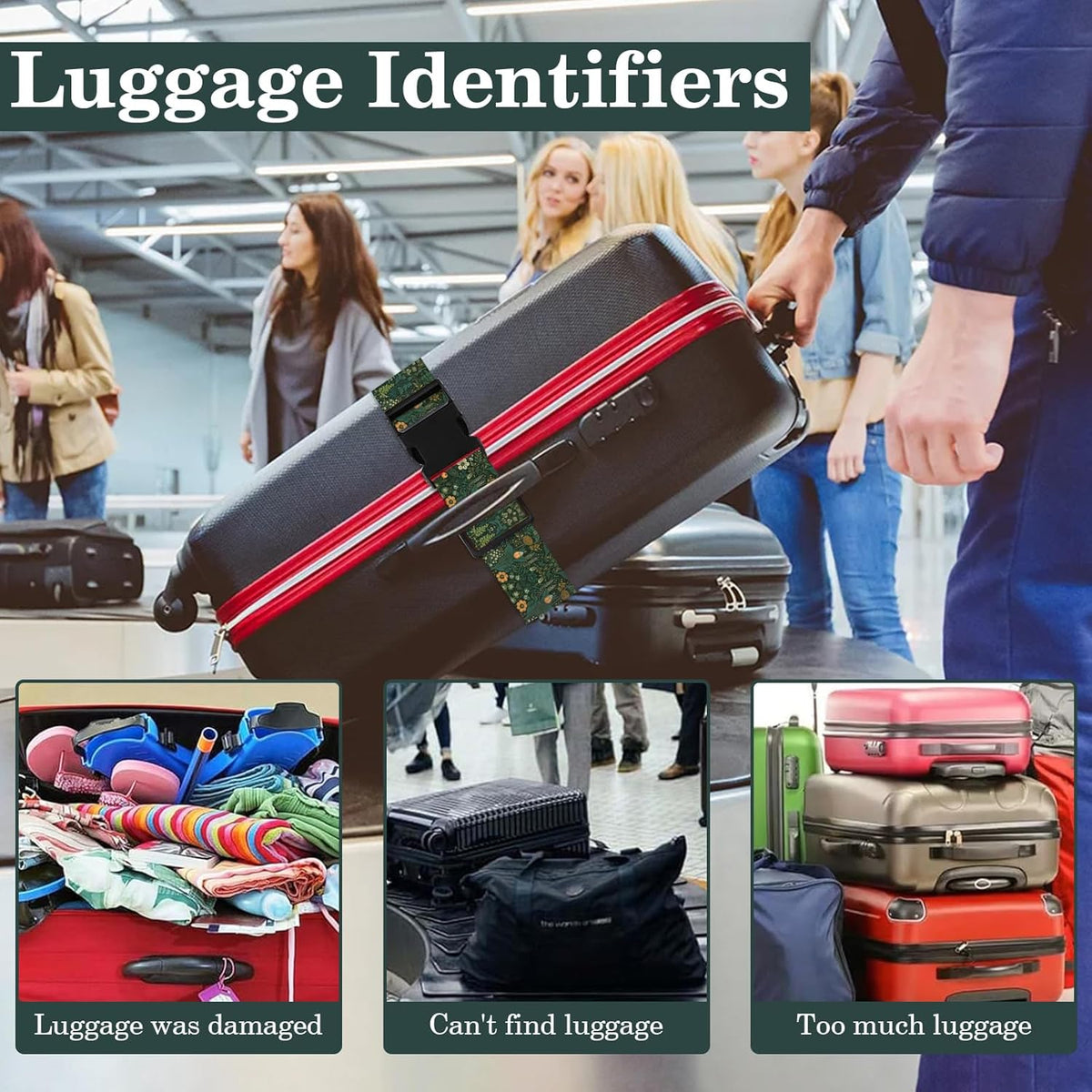 Luggage Straps for Suitcases TSA Approved, Luggage Identifiers for Suitcase, Adjustable Suitcase Strap for Baggage Security with Cute Patten, Travel Necessary Accessories (Sage Green)