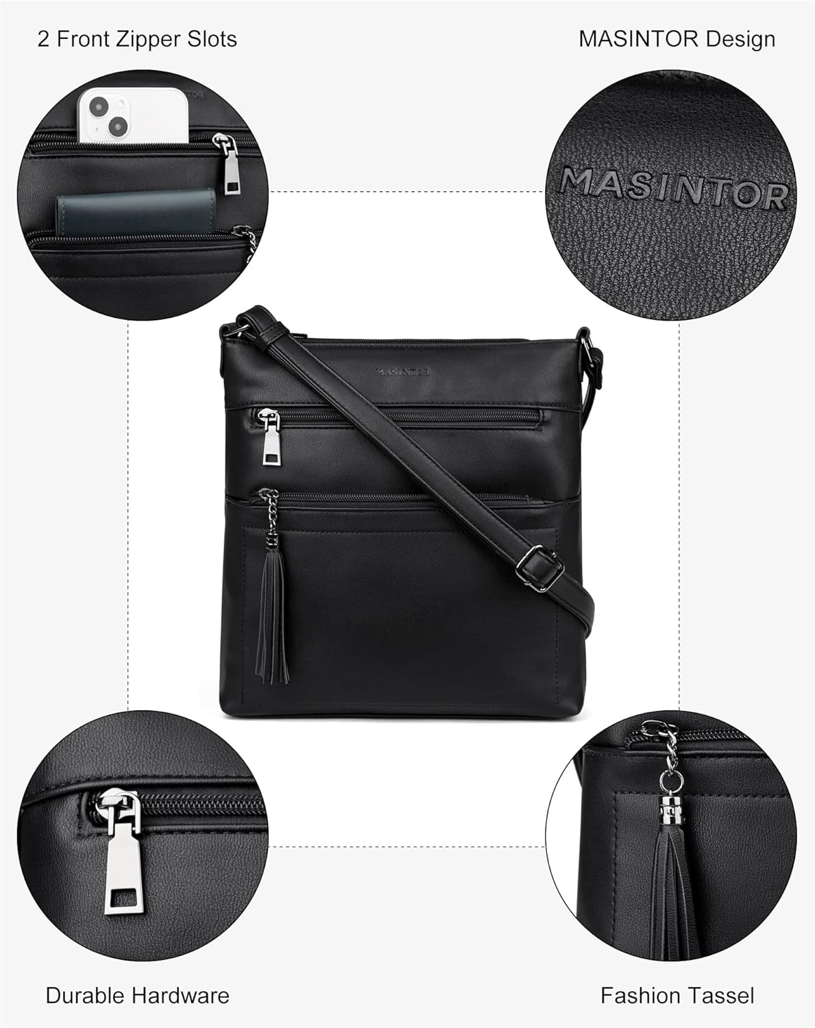 MASINTOR Crossbody Purses for Women, Multi Pocket Casual Crossbody Bag, Adjustable Strap Shoulder Bag with Tassel