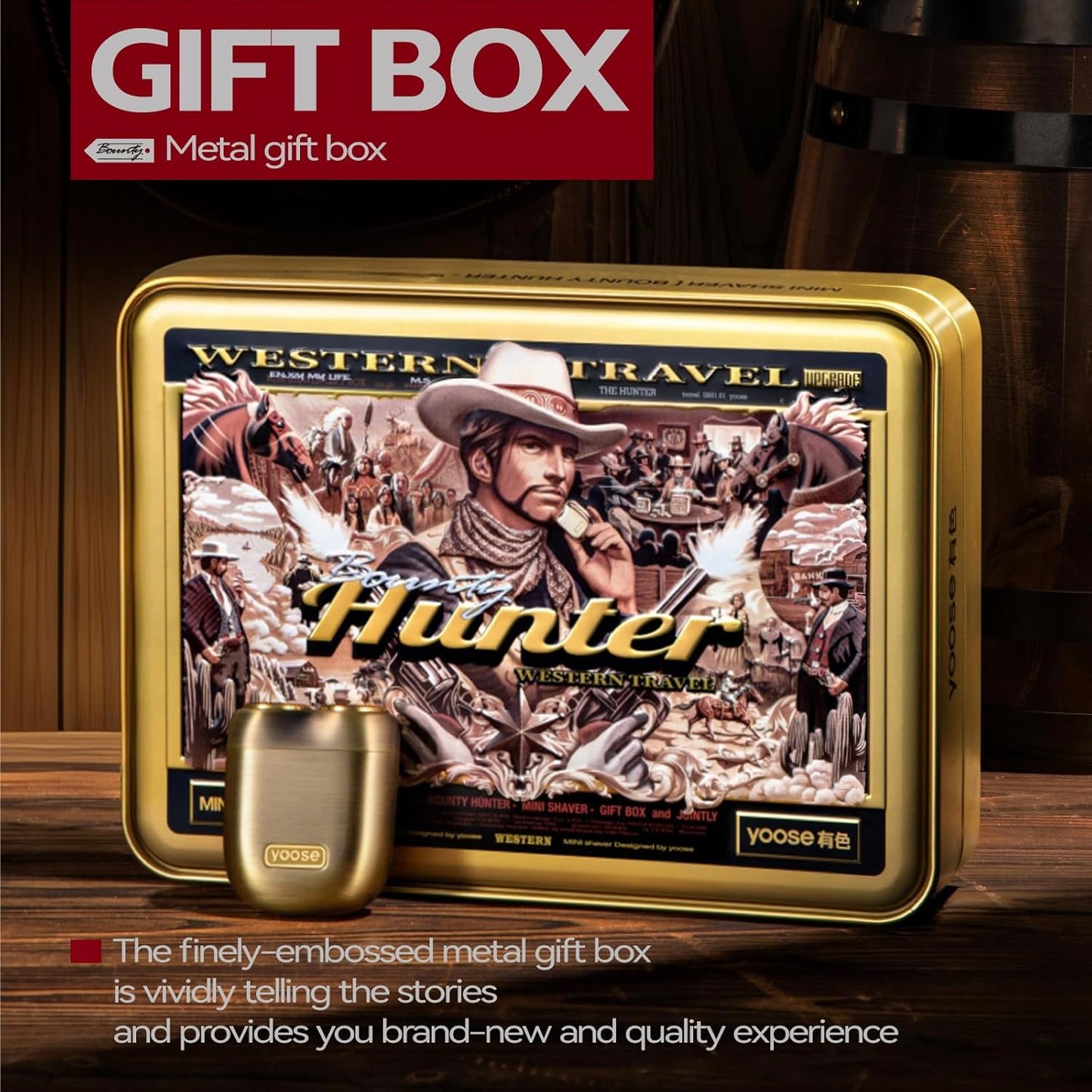 yoose Bounty Hunter Mini Shaver Gift Set, Portable Alloy Travel Shavers, Cordless Shaving, USB-C Rechargeable Electric Razor for Men, Dry Shave, IPX7 Waterproof, Easy Cleaning, Battery Indicator, Gold