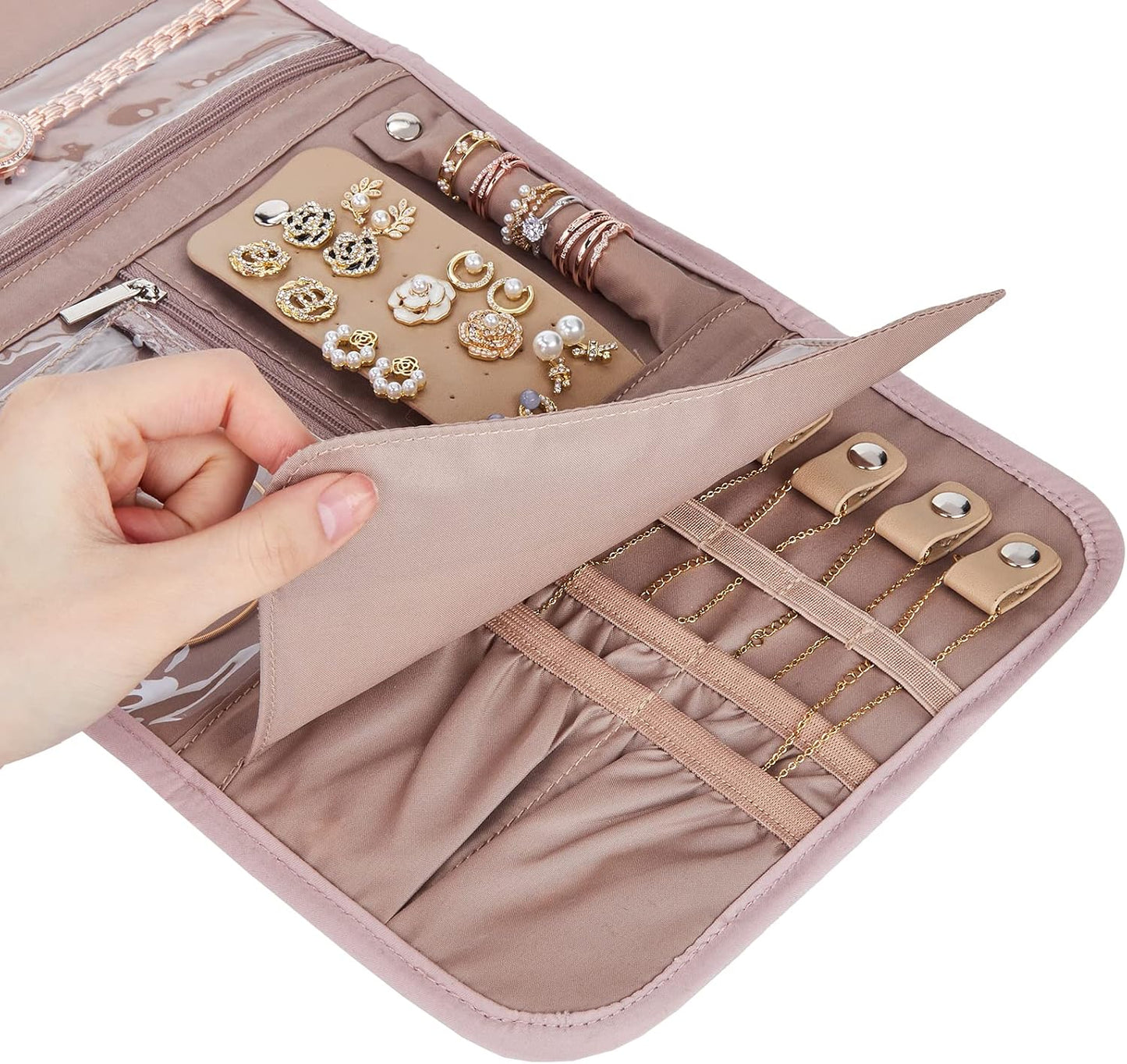 BELALIFE Travel Jewelry Case Organizer, Foldable Storage Roll for Earrings, Necklaces, Rings, Bracelets, Brooches, Pink