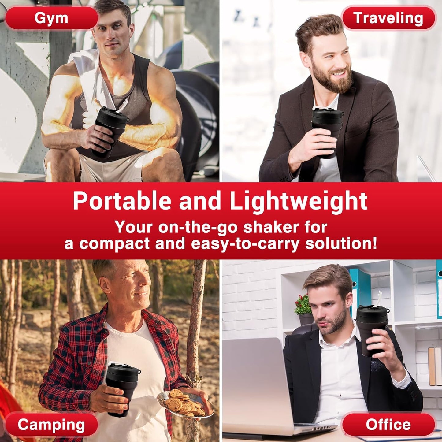 Collapsible Protein Shaker & Water Bottle Food-Grade, Leakproof Lid 600mL/20oz Shaker Cup - Reusable Silicone Shaker Cups for Protein Shakes with Mixing Ball for Gym-goers & Travelers